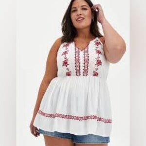 Torrid NEW Babydoll Gauze Embroidered Tank White Red Women's Top SZ 2X vacation